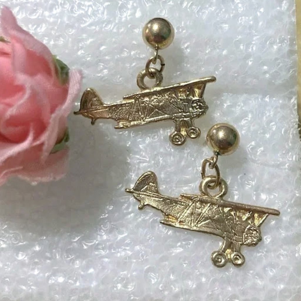 14k Solid Gold Hand Crafted Vintage Propeller Airplane Dangle Post Earrings 1"